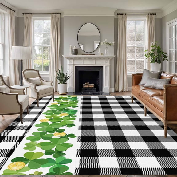 Rectangle Rug 6x9ft Area Rug,St. Patrick's Day Lucky Green Gold Coin Area Rugs for Living Room Bedroom,Black White Plaid Floor Mat Non-Slip Non-Shedding Carpet Indoor Accent Rugs
