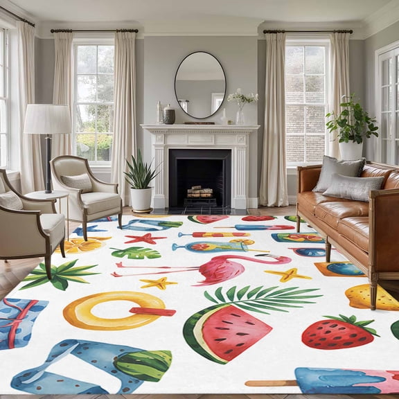 Rectangle Rug 6x9ft Area Rug,Summer Lemon Pink Flamingo Area Rugs for Living Room Bedroom,Watermelon Fruit Beach Vacation Floor Mat Non-Slip Non-Shedding Carpet Indoor Accent Rugs