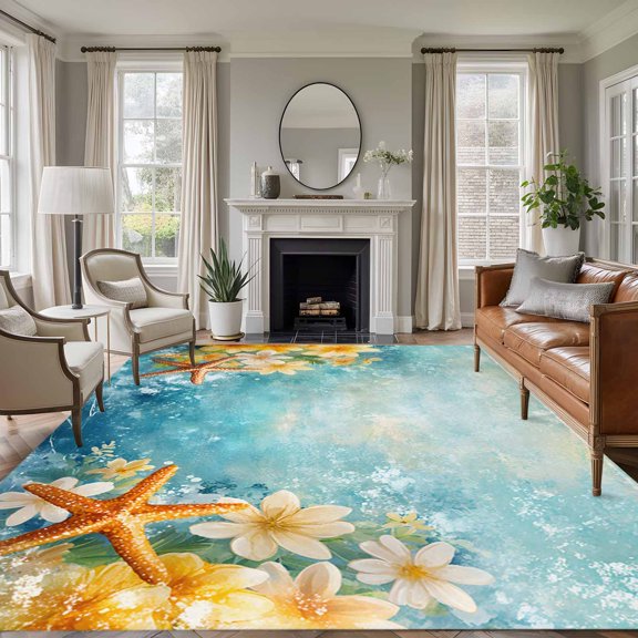 Rectangle Rug 6x9ft Area Rug,Summer Ocean Starfish Flowers Area Rugs for Living Room Bedroom,Abstract Sea Marine Life Floor Mat Non-Slip Non-Shedding Carpet Indoor Accent Rugs