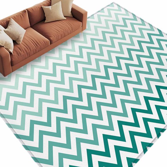 Rectangle Rug 6x9ft Area Rug, Teal Turquoise Chevron Stripes Area Rugs for Living Room Bedroom, Ombre Abstract Art Floor Mat Non-Slip Non-Shedding Carpet Indoor Accent Rugs