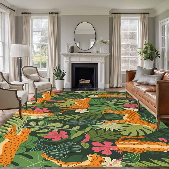 Rectangle Rug 6x9ft Area Rug,Tropical Leopard Green Leaf Area Rugs for Living Room Bedroom,Animal Plant Flower Theme Floor Mat Non-Slip Non-Shedding Carpet Indoor Accent Rugs