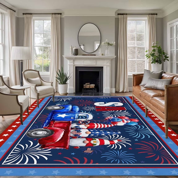 Rectangle Rug 6x9ft Area Rug,USA Flag Red Farm Truck Gnomes Area Rugs for Living Room Bedroom,Independence Day Stars Floor Mat Non-Slip Non-Shedding Carpet Indoor Accent Rugs