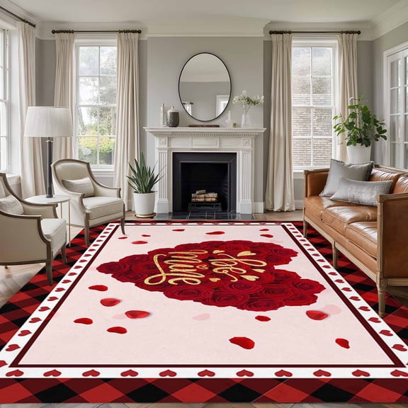 Rectangle Rug 6x9ft Area Rug,Valentine's Day Heart Shape Red Rose Area Rugs for Living Room Bedroom,Buffalo Black Red Lattice Floor Mat Non-Slip Non-Shedding Carpet Indoor Accent Rugs