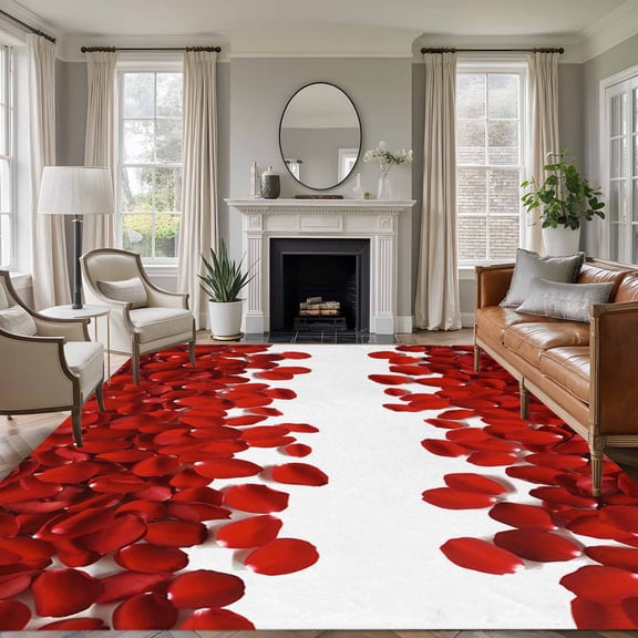 Rectangle Rug 6x9ft Area Rug,Valentine's Day Rose Petals Area Rugs for Living Room Bedroom,Modern Red Flower Theme Floor Mat Non-Slip Non-Shedding Carpet Indoor Accent Rugs