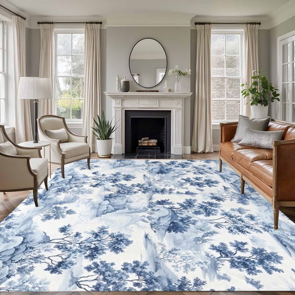 Rectangle Rug 6x9ft Area Rug,Vintage Blue Garden Tree Mountain Area Rugs for Living Room Bedroom,Chinoiserie Landscape Floor Mat Non-Slip Non-Shedding Carpet Indoor Accent Rugs