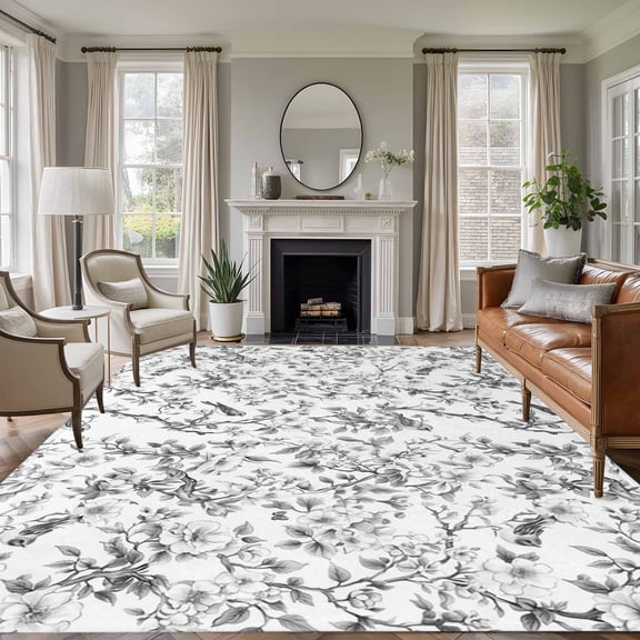 Rectangle Rug 6x9ft Area Rug,Vintage Cherry Blossoms Birds Branches Area Rugs for Living Room Bedroom,Black White Floor Mat Non-Slip Non-Shedding Carpet Indoor Accent Rugs