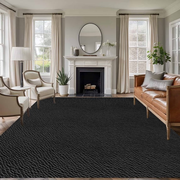 Rectangle Rug 6x9ft Area Rug,Vintage Solid Black Leather Area Rugs for Living Room Bedroom,Retro Cowhide Texture Floor Mat Non-Slip Non-Shedding Carpet Indoor Accent Rugs