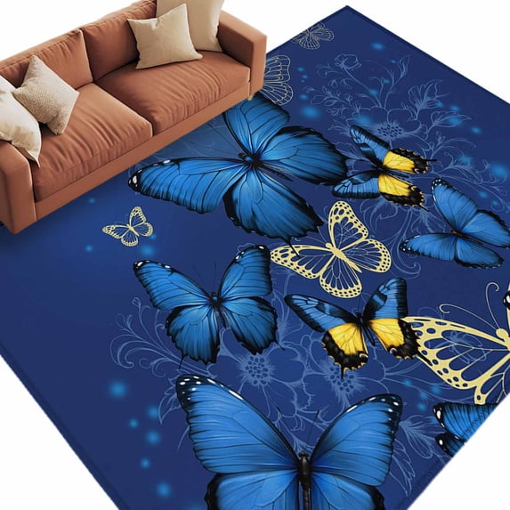 Rectangle Rug 6x9ft Area Rug, Vintage Watercolor Blue Butterfly Area Rugs for Living Room Bedroom, Retro Country Creature Floor Mat Non-Slip Non-Shedding Carpet Indoor Accent Rugs