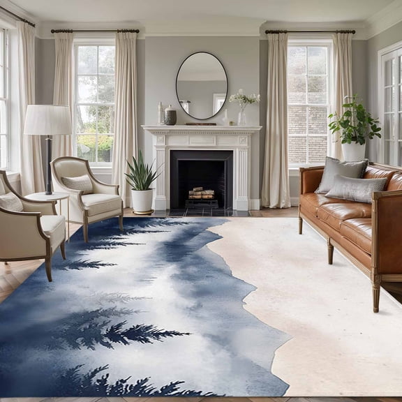 Rectangle Rug 6x9ft Area Rug,Watercolor Mountain Peak Forest Area Rugs for Living Room Bedroom,Foggy Wild Nature Landscape Floor Mat Non-Slip Non-Shedding Carpet Indoor Accent Rugs
