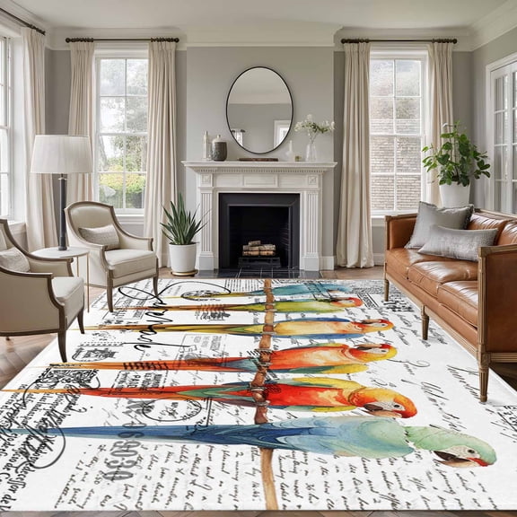 Rectangle Rug 6x9ft Area Rug,Watercolor Parrot on Vintage Postcard Area Rugs for Living Room Bedroom,Colorful Bird Letter Texture Floor Mat Non-Slip Non-Shedding Carpet Indoor Accent Rugs