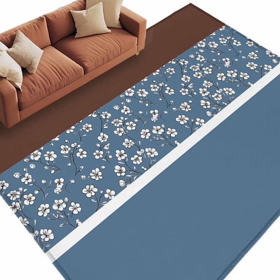Rectangle Rug 6x9ft Area Rug, Watercolor Spring Floral Pattern Area Rugs for Living Room Bedroom, Blue Brown Stitching Art Floor Mat Non-Slip Non-Shedding Carpet Indoor Accent Rugs