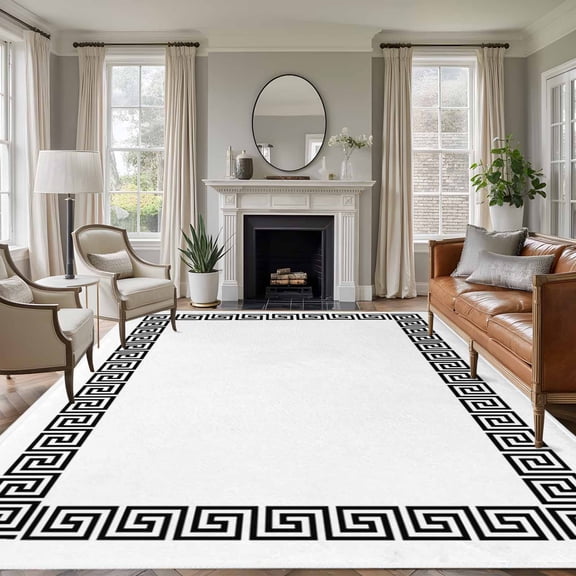 Rectangle Rug 8x10Ft Abstract Inspired Greek Key Pattern Soft Indoor Throw Rugs Carpets for Living Dining Bedroom Kids Room Non-Slip Playroom Crawl Rug Floor Mats Geometric Twist Line on White