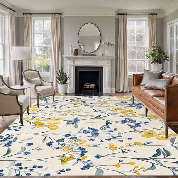 Rectangle Rug 8x10Ft Country Farm Watercolor Flowers Soft Indoor Throw Rugs Carpets for Living Dining Bedroom Kids Room Non-Slip Playroom Crawl Rug Floor Mats Retro Yellow Blue Floral