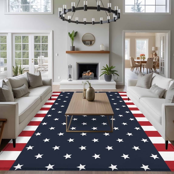 Rectangle Rug 8x10Ft, Independence Day Patriotic Stars on Blue Soft Non-Slip Washable Felt Carpet Pad, Red White Stripes Border Area Rugs for Living Room Bedroom Kids Room