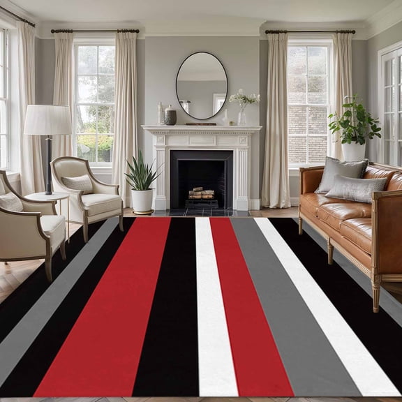 Rectangle Rug 8x10Ft Multicolor Horizontal Stripes Soft Indoor Throw Rugs Carpets for Living Dining Bedroom Kids Room Non-Slip Playroom Crawl Rug Floor Mats Red white gray