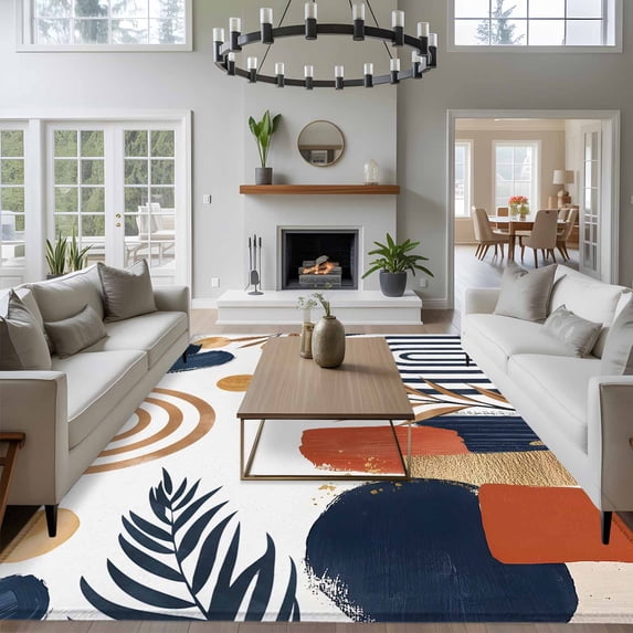 Rectangle Rug 8x10Ft, Nordic Abstract Leaves Arch Sun Soft Non-Slip Washable Felt Carpet Pad, Terracotta Aesthetic Color Block Area Rugs for Living Room Bedroom Kids Room