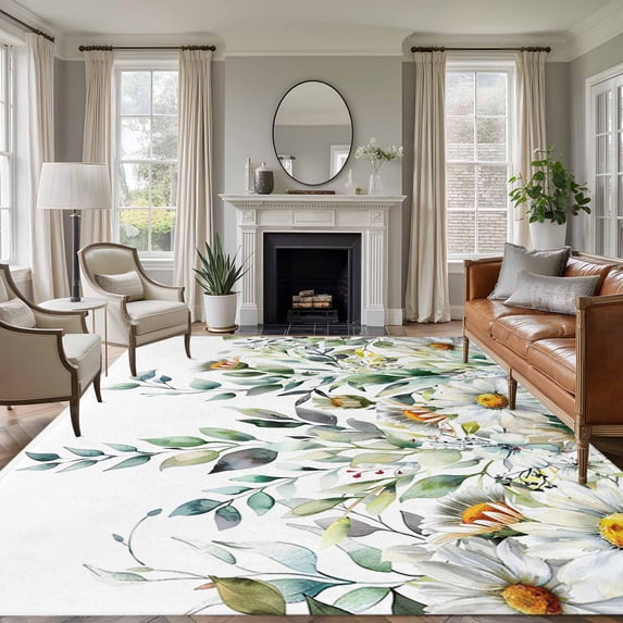Rectangle Rug 8x10Ft Spring Watercolor Daisy Flower Soft Indoor Throw Rugs Carpets for Living Dining Bedroom Kids Room Non-Slip Playroom Crawl Rug Floor Mats Botanical Leaves on White