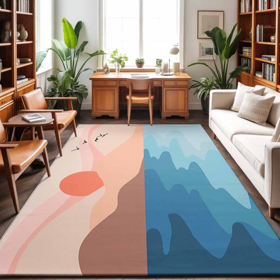 Rectangle Rug 8x10ft Area Rug, Abstract Sunset Mountain Art Area Rugs for Living Room Bedroom, Seaside Beach Blue Sea Wave Artwork Floor Mat Non-Slip Non-Shedding Carpet Indoor Accent Rugs