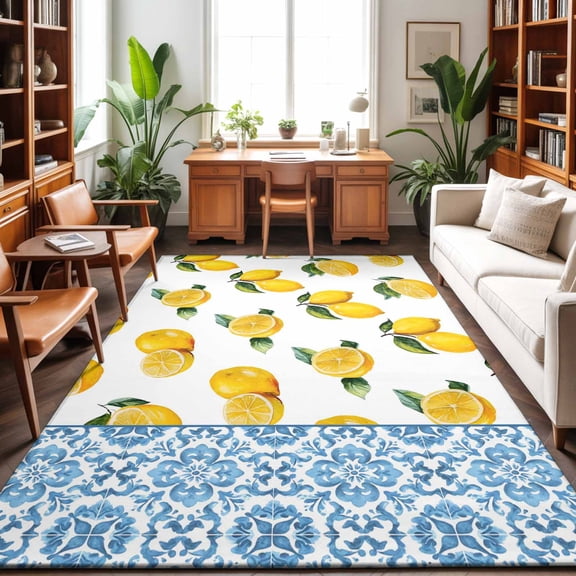 Rectangle Rug 8x10ft Area Rug, Farm Fruit Yellow Lemon Leaves Area Rugs for Living Room Bedroom, Blue and White Porcelain Texture Floor Mat Non-Slip Non-Shedding Carpet Indoor Accent Rugs