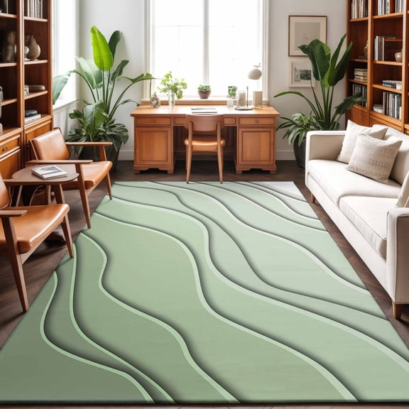 Rectangle Rug 8x10ft Area Rug, Gradient Sage Green Ocean Wave Line Area Rugs for Living Room Bedroom, Simple Striped Floor Mat Non-Slip Non-Shedding Carpet Indoor Accent Rugs