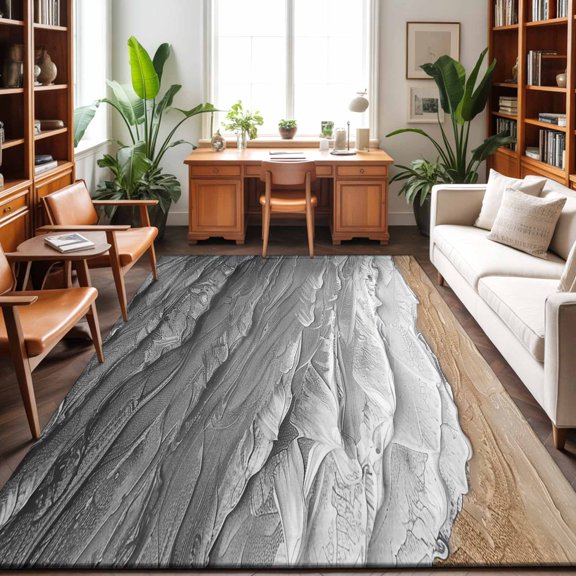 Rectangle Rug 8x10ft Area Rug, Grey Gradient Coastal Ocean Waves Area Rugs for Living Room Bedroom, Abstract Oil Painting Style Floor Mat Non-Slip Non-Shedding Carpet Indoor Accent Rugs