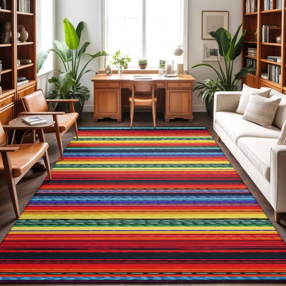 Rectangle Rug 8x10ft Area Rug, Modern Colorful Mexican Stripe Area Rugs for Living Room Bedroom, Boho Gradient Rainbow Line Floor Mat Non-Slip Non-Shedding Carpet Indoor Accent Rugs