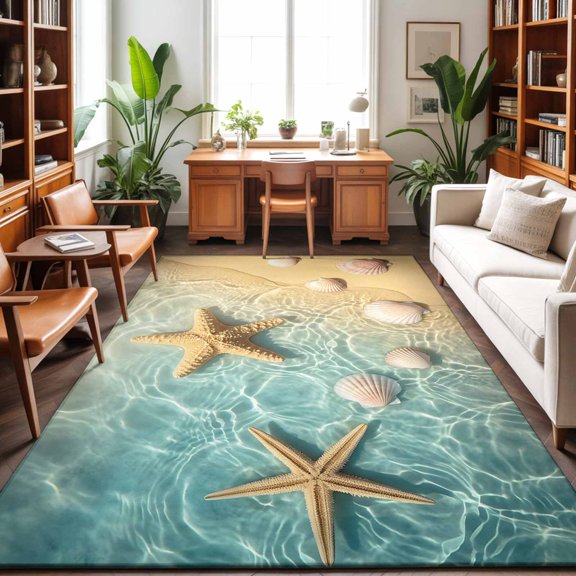 Rectangle Rug 8x10ft Area Rug, Ocean Starfish Sea Shell Area Rugs for Living Room Bedroom, Summer Beach Seaside Marine Life Floor Mat Non-Slip Non-Shedding Carpet Indoor Accent Rugs
