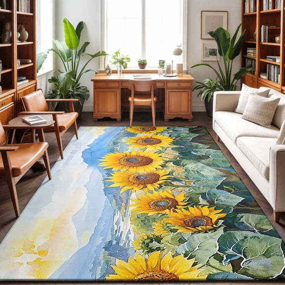 Rectangle Rug 8x10ft Area Rug, Summer Pastoral Sunflower Hill Area Rugs for Living Room Bedroom, Watercolor Floral Botanical Floor Mat Non-Slip Non-Shedding Carpet Indoor Accent Rugs