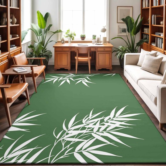 Rectangle Rug 8x10ft Area Rug, White Leaf on Green Area Rugs for Living Room Bedroom, Japanese Style Botanical Theme Floor Mat Non-Slip Non-Shedding Carpet Indoor Accent Rugs