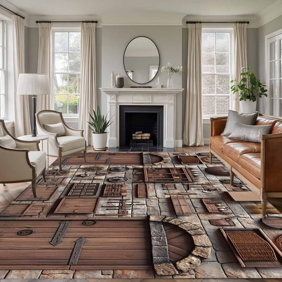 Rectangle Rug 9x12ft Area Rug, Mid Century Retro Farmhouse Area Rugs for Living Room Bedroom, Farm Wood Grain Brick Floor Mat Non-Slip Non-Shedding Carpet Indoor Accent Rugs
