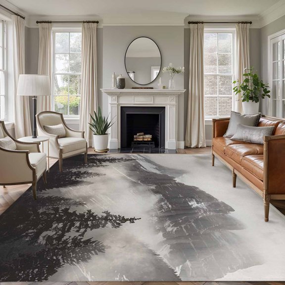 Rectangle Rug 9x12ft Area Rug, Misty Snow Mountains Area Rugs for Living Room Bedroom, Forest Landscape Grey Floor Mat Non-Slip Non-Shedding Carpet Indoor Accent Rugs