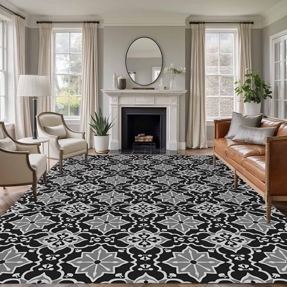 Rectangle Rug 9x12ft Area Rug, Moroccan Classical Rhombus Pattern Area Rugs for Living Room Bedroom, Kaleidoscope Abstract Art Floor Mat Non-Slip Non-Shedding Carpet Indoor Accent Rugs