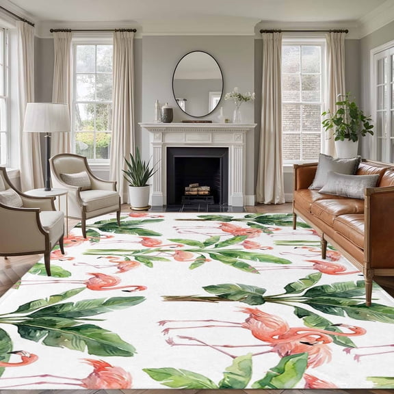 Rectangle Rug 9x12ft Area Rug, Pink Flamingos Green Palm Trees Area Rugs for Living Room Bedroom, Summer Tropical Theme Seamless Floor Mat Non-Slip Non-Shedding Carpet Indoor Accent Rugs