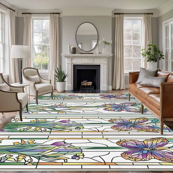 Rectangle Rug 9x12ft Area Rug, Vintage Butterfly Flower Abstract Art Area Rugs for Living Room Bedroom, Retro Paper-cut Art Floor Mat Non-Slip Non-Shedding Carpet Indoor Accent Rugs