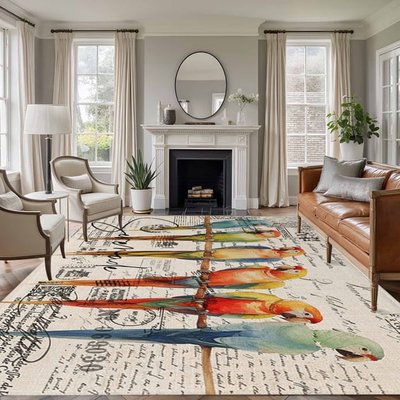 Rectangle Rug 9x12ft Area Rug, Watercolor Parrot Bird on Burlap Area Rugs for Living Room Bedroom, Vintage Stamp Letter Texture Floor Mat Non-Slip Non-Shedding Carpet Indoor Accent Rugs