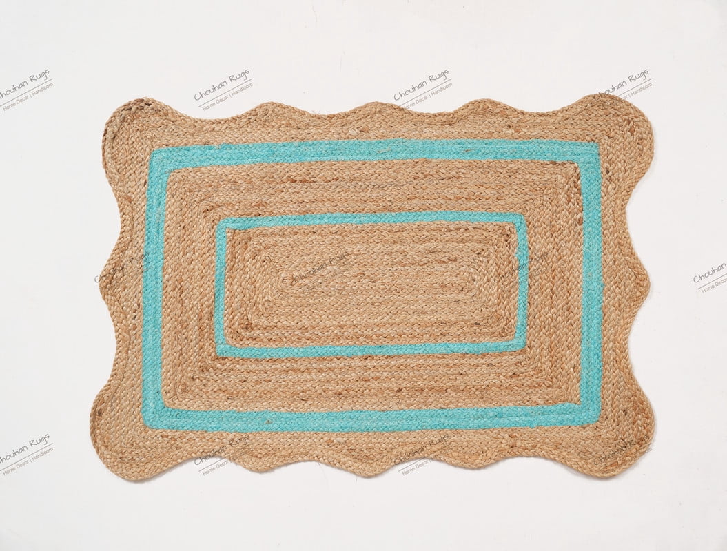 Rectangle Rug Area Rug Natural Fiber Jute Hand Braided Rug Cyan Color Scalloped Pattern Eco Friendly Rug