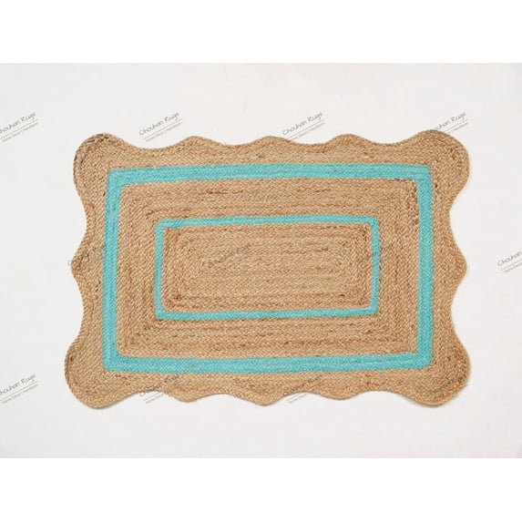 Rectangle Rug Area Rug Natural Fiber Jute Hand Braided Rug Cyan Color Scalloped Pattern Eco Friendly Rug
