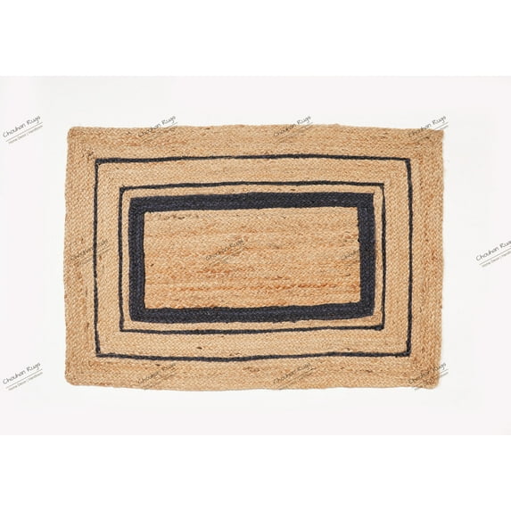 Rectangle Rug Natural Jute Rug Hand Braided Beige And Blue Color Area Rug