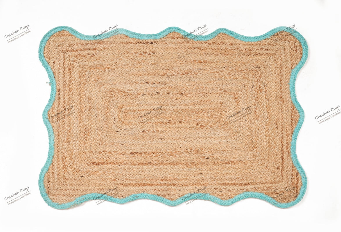 Rectangle Rug Natural Jute Rug Hand Braided Beige And Turquoise Color Area Rug