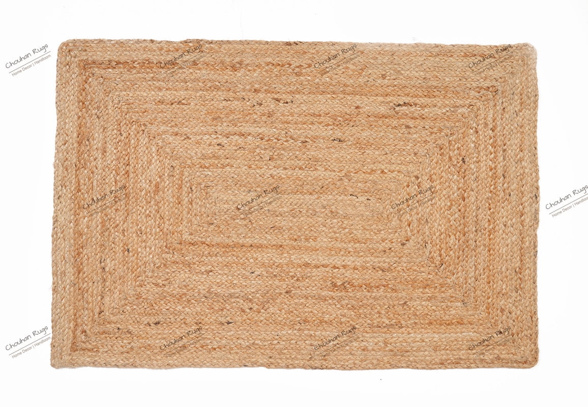Rectangle Rug Natural Jute Rug Hand Braided Beige Color Rounding Line Area Rug