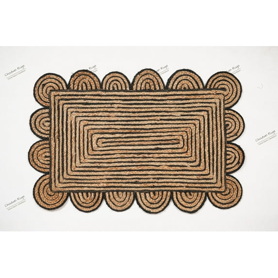 Rectangle Rug Natural Jute Rug Hand Braided Beige and Black Color Rounding Line Area Rug