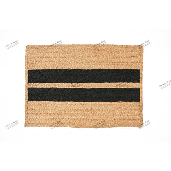 Rectangle Rug Natural Jute Rug Hand Braided Beige and Black Color Rounding Line Area Rug