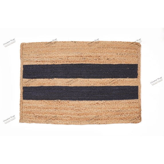 Rectangle Rug Natural Jute Rug Hand Braided Beige and Black Color Stripes Line Area Rug