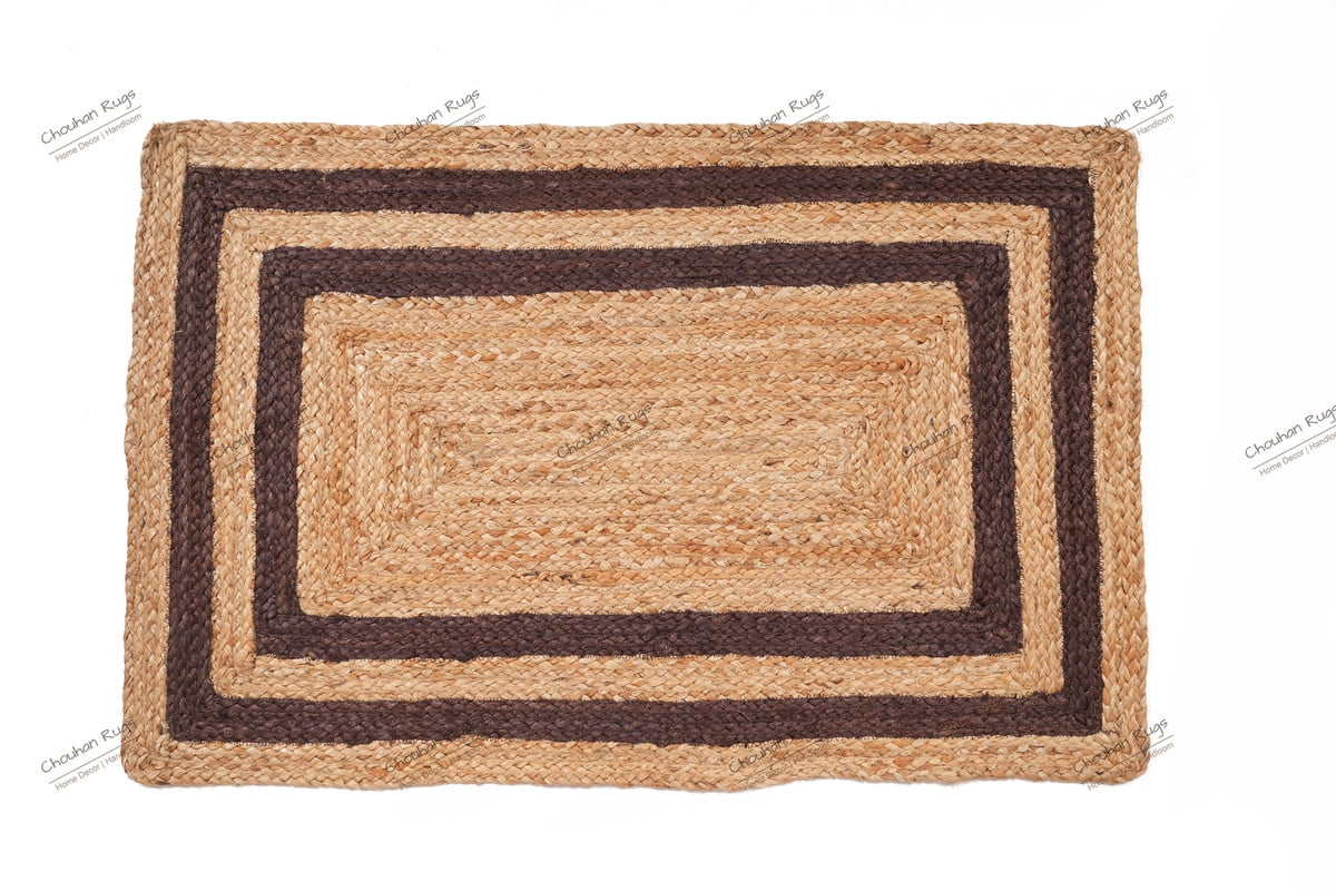 Rectangle Rug Natural Jute Rug Hand Braided Beige and Brown Color Stripes Line Area Rug