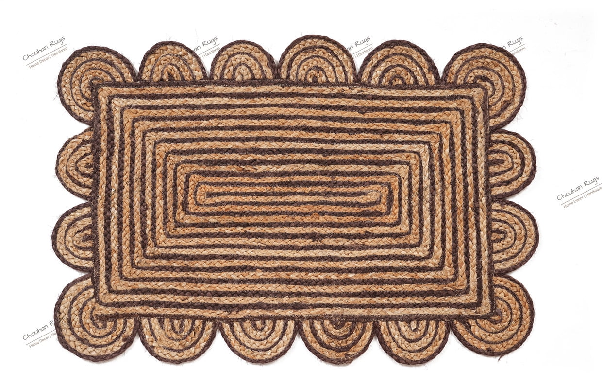 Rectangle Rug Natural Jute Rug Hand Braided Beige and Brown Color Stripes Line Area Rug