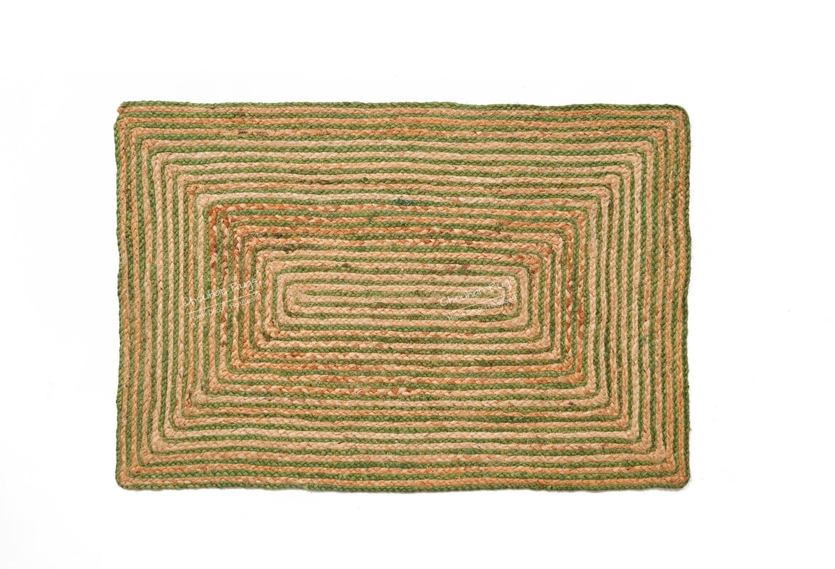 Rectangle Rug Natural Jute Rug Hand Braided Beige and Green Color Rounding Line Area Rug