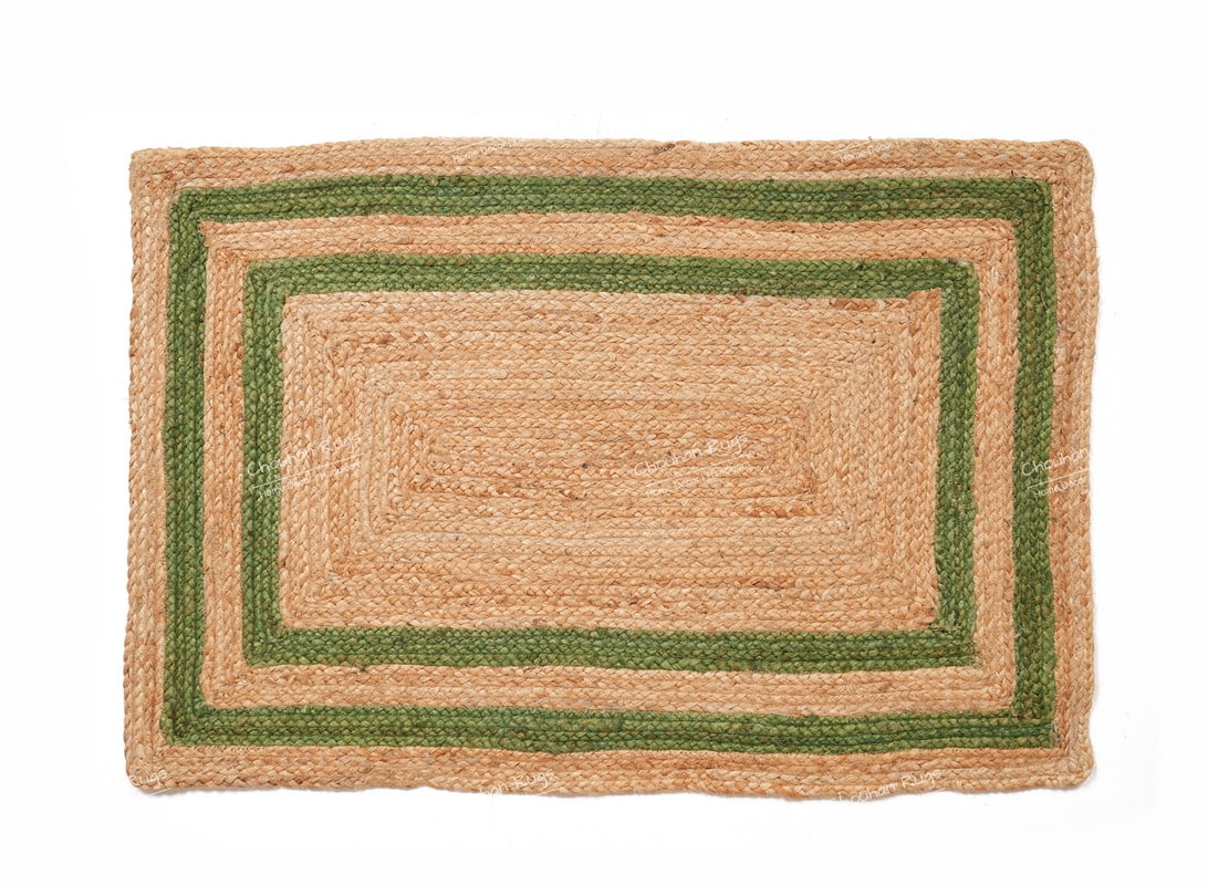Rectangle Rug Natural Jute Rug Hand Braided Beige and Green Color Rounding Line Area Rug