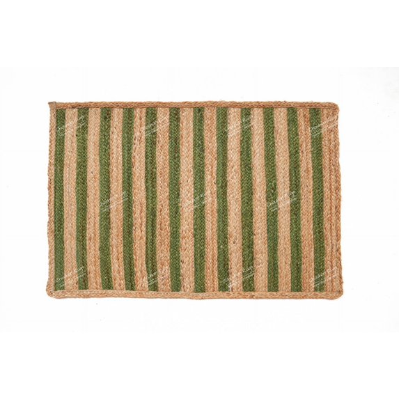 Rectangle Rug Natural Jute Rug Hand Braided Beige and Green Color Stripes Line Area Rug