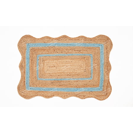Rectangle Rug Natural Jute Rug Hand Braided Beige and Light Sky Blue Color Area Rug