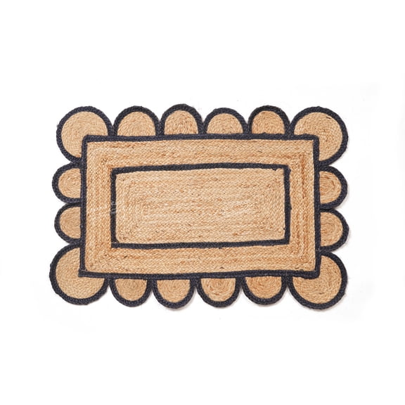 Rectangle Rug Natural Jute Rug Hand Braided Beige and Navy Blue Color Area Rug